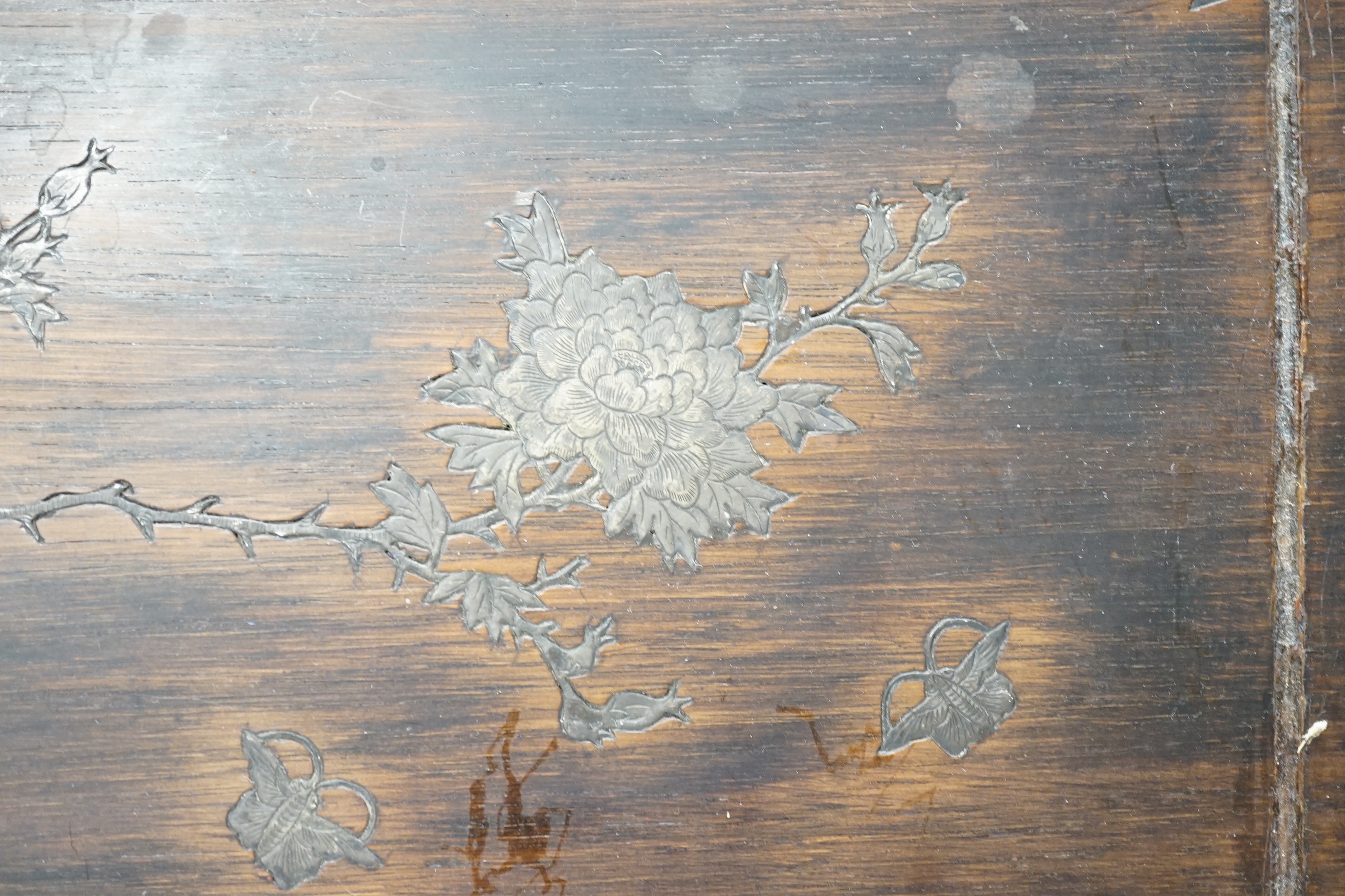 A Chinese white metal mounted hongmu tray and a Chinese carved soapstone table screen on stand, tray 44cm x 29.5cm